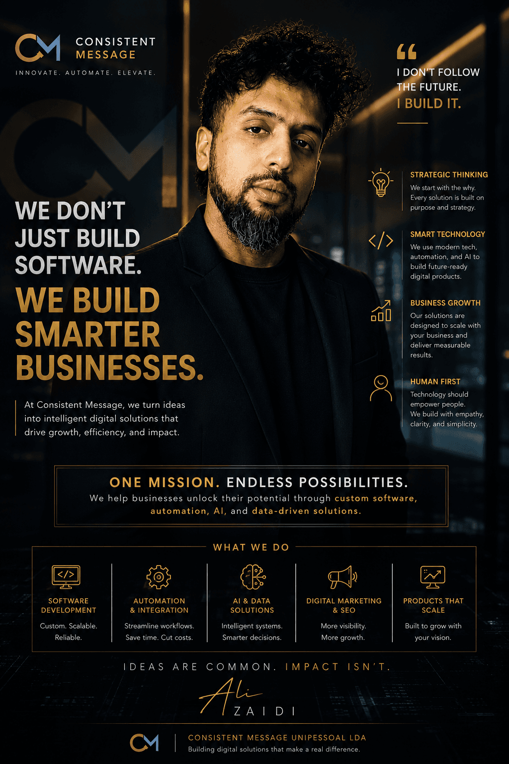 Consistent Message vision statement, signed by founder Ali Zaidi